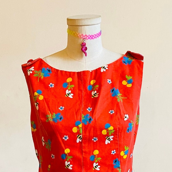 Vintage Handmade 1960’s Red Mod Scooter Girl Bumblebee Floral Gidget Go Go Onesie Short Jumper Romper