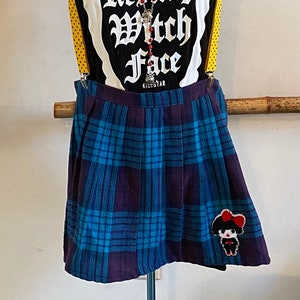 Vintage 1980’s Upcycled Turquoise Purple Plaid Kawaii School Girl Patched Yellow Polka Dot Suspender Pleated Skirt