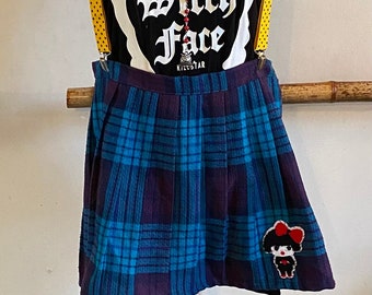 Vintage 1980’s Upcycled Turquoise Purple Plaid Kawaii School Girl Patched Yellow Polka Dot Suspender Pleated Skirt