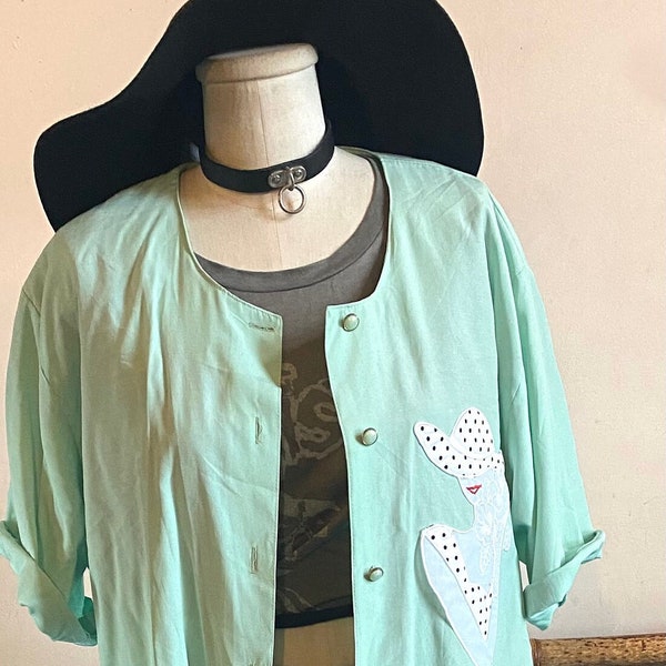 Vintage 1980’s Glam Mall Oversized Fashion Lady Appliqué Valley Girl Mint Green Blouse