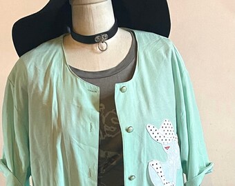 Vintage 1980’s Glam Mall Oversized Fashion Lady Appliqué Valley Girl Mint Green Blouse