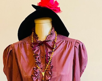 Vintage Rose Colored 1980’s Geek Secretary Ruffled Yoke Puffed Sleeve Hipster Jerri Jee Dress