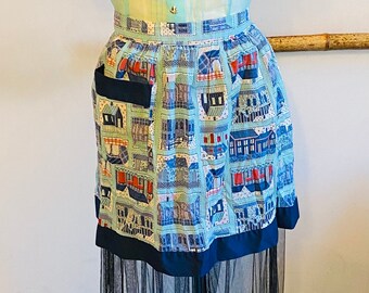 vintage 1960's Decorative Sea Foam House Print Demi Entertaining Aqua Blue Mod Half Tablier
