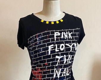 T-shirt rose Floyd Rocker jaune clouté vintage upcyclé noir