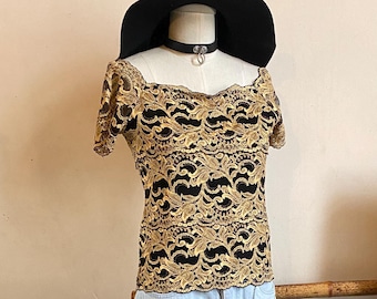 Top glamour bouffant vintage des années 90 en dentelle dorée et noire