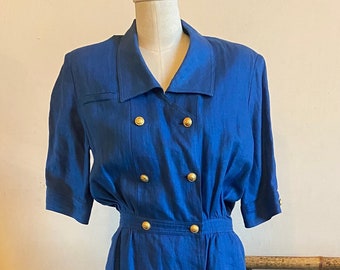 Vintage  80s Linen Blue Double Breasted Career Shirt Dress With Gold Valentino Buttons