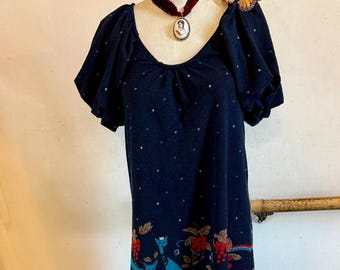 Vintage Y2K Twee Necessary Objects Ady Gluck Frankel Whimsy Fairycore Cat And Mushroom Babydoll Dress With Puff Sleeves