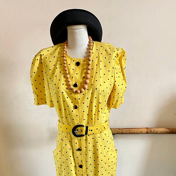 Vintage 80s New Wave Yellow With Black Polka Dots Dress