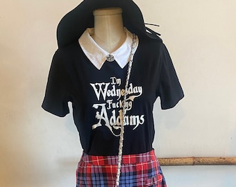 Upcycled Wednesday  Collared Goth T Shirt With Pentagram Charm