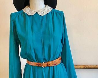 Vintage 1980s Sheer Turquoise Secretary Dress With Lace Collar And Cuffs