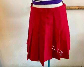 Upcycled Red Cheerleader Punk Pleated Skirt With Pastel Pink Kawaii Safety Pin