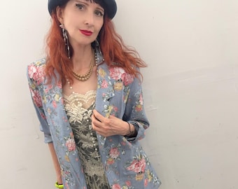 Blazer Alfred Dunner vintage bleu pâle à fleurs, romantique, rose, années 80
