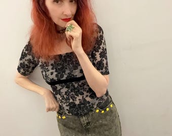Acid Wash Upcycled Grunge Kitten Black Denim Mistress Of The Dark Patch Yellow Studded Punk Leopard Goth Skirt