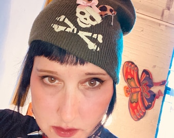 Skull And Cross My Bones Leopard Bunny Ear Safety Pinned Pink Bow Army Green Emo Skater Grrrl Sweater Hat
