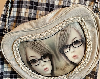 Vintage Y2K Twin Kawaii Girls With Glasses Light Gray Heart Purse With Chain Strap