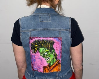 DIY Cramps Jean Vest with Hand Painted Patches And Fuzzy Collar