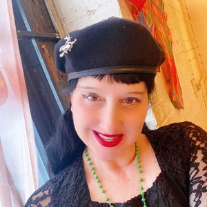 Witchy Spell Caster Charmed Up Cycled Black Wool Army Beret