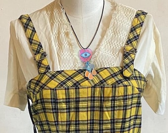Vintage Y2K Tripp NYC Daang Goodman Punk Yellow Plaid Black Lace Trim Urban Mall Goth Emo Overall Jumper Dress