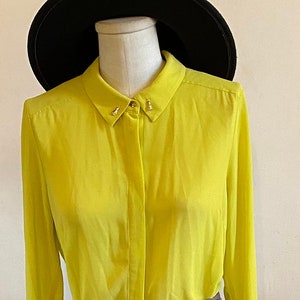 Upcycled  Sheer Lime Green Long Sleeved Blouse With Gold Bunny Charms On Collar