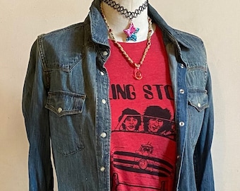 Vintage Y2K Levis Glitter Distressed  Denim Western Style Pearl Snap Buttons Grunge Hipster Collared Blouse