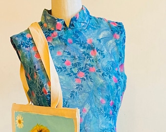 vintage années 1960 style asiatique Mandarin Collar Sheer Turquoise Pink Flowers Sweet Handmade Dress