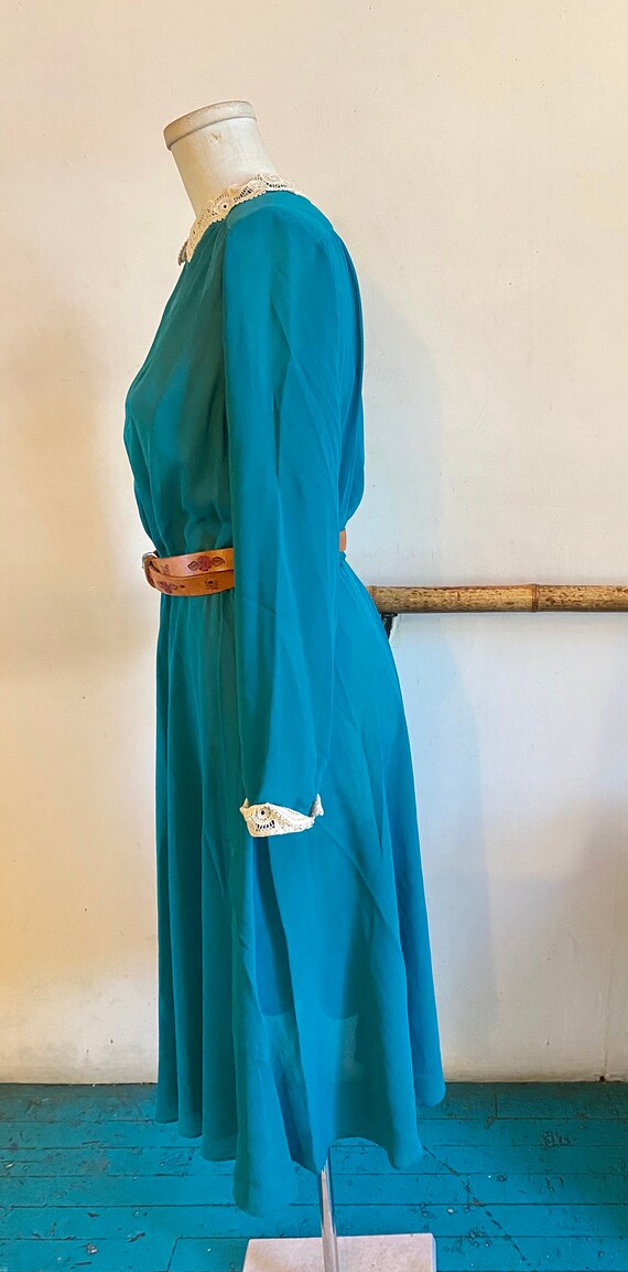 Vintage 1980s Sheer Turquoise Secretary Dress Wit… - image 4