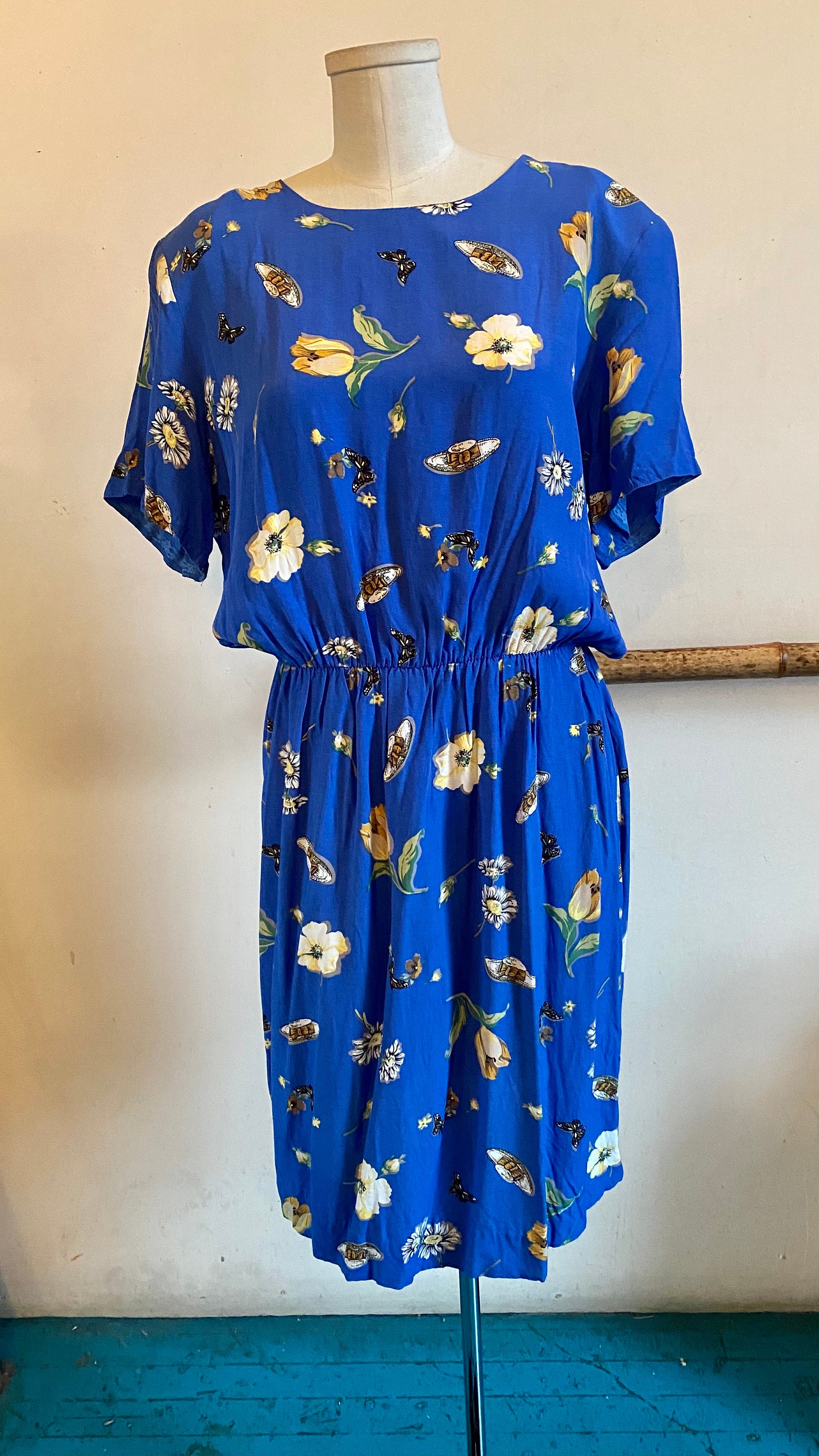 Vintage 90s Blue Dress With Hats Flowers and Butterflies - Etsy