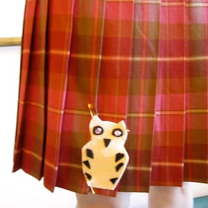 Upcycled Vintage Pink Plaid School Skirt With Handmade Felt Pink Owl Patch