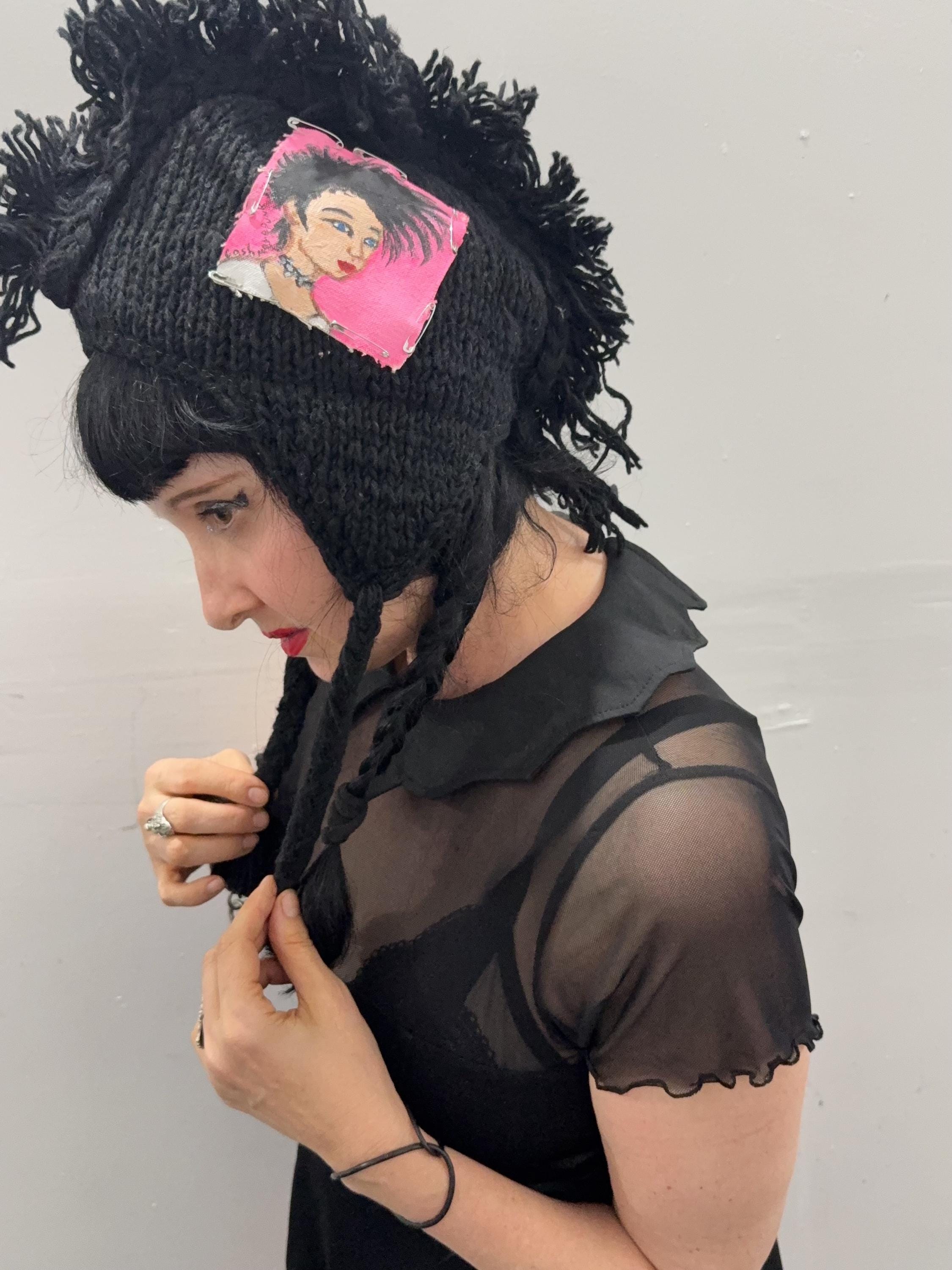 Punk Rock Girl Black Mohawk Upcycled Plaid Heart And Skull Safety Pinned And Patched Wool Cozy Trapper Hat