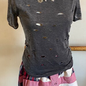 Punk Distressed All Ripped Up Grey Safety Pinned Charmed Wolf, Cat And Pentagram T-Shirt image 10