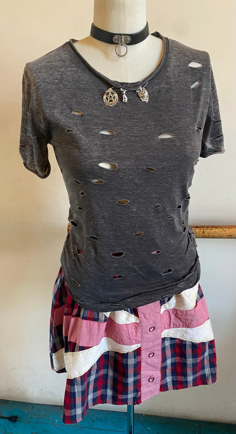 Punk Distressed All Ripped Up Grey Safety Pinned Charmed Wolf, Cat And Pentagram T-Shirt image 10