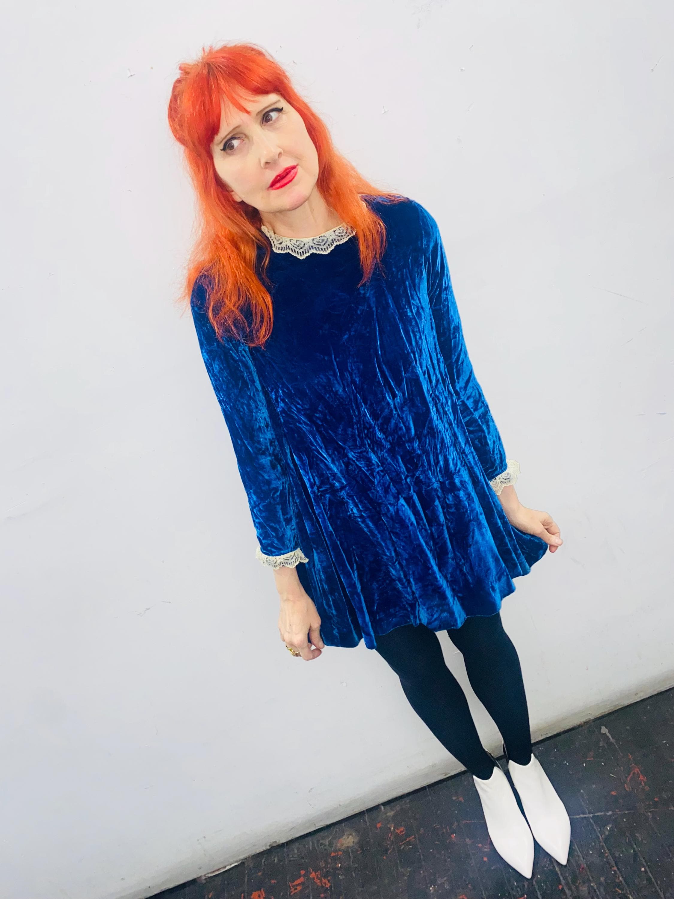 blue dress for baby girl Widow Dark Fairy Crushed Velvet Lace Trim Mini Dress main image 1