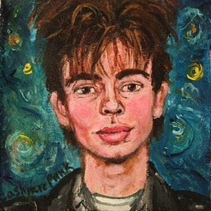 May include: A painting of a man with brown hair and a blue background. The man is wearing a black jacket and a white shirt. The background is painted in a style reminiscent of Vincent van Gogh's Starry Night.