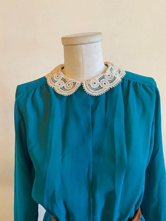 Vintage 1980s Sheer Turquoise Secretary Dress Wit… - image 3