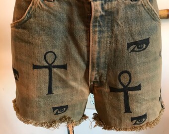 Eye Of Horus Ankh Egyptian Sioux Upcycled Orange Vintage Levi’s Jean Shorts