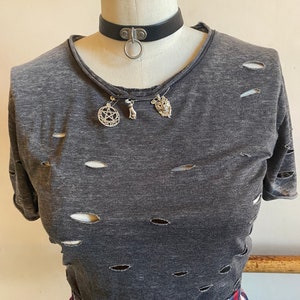Punk Distressed All Ripped Up Grey Safety Pinned Charmed Wolf, Cat And Pentagram T-Shirt image 2