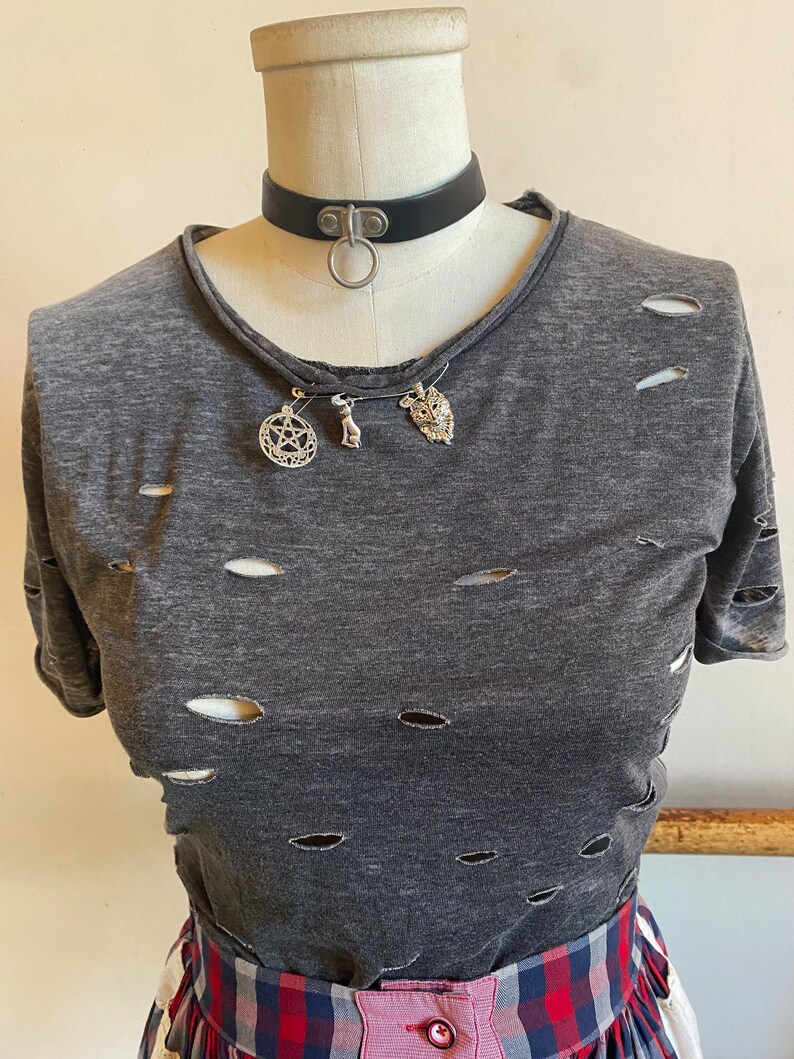 Punk Distressed All Ripped Up Grey Safety Pinned Charmed Wolf, Cat And Pentagram T-Shirt image 2