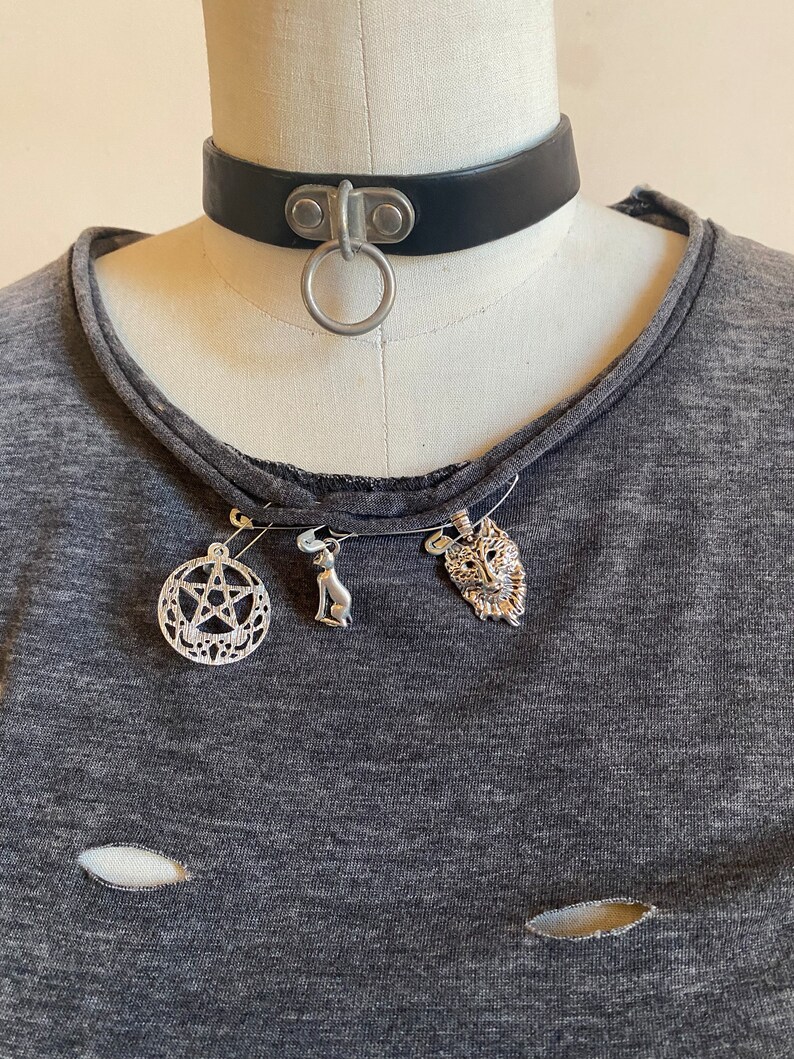 Punk Distressed All Ripped Up Grey Safety Pinned Charmed Wolf, Cat And Pentagram T-Shirt image 3