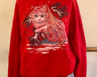 Vintage 90s Red Cat Hoodie Sweet Hipster Sweatshirt