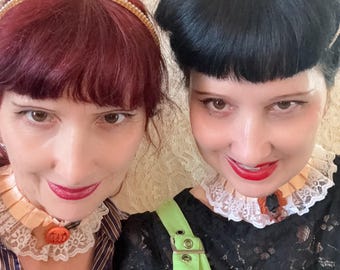 Peach Ruffle And Lace Fall Chokers With Pumpkin or Bat (You Choose)