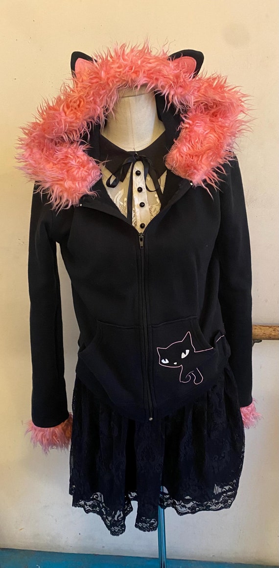 Vintage Y2k Emily the Strange Faux Pink Fur Mall Goth Hot Topic Cat Paws Zip up Emo Cat Ear Hoodie Etsy