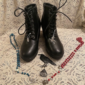 Season Of The Witchy Witch Up Cycled Faux Leather Chunky Heel Granny Combat Booties Women’s Size 9