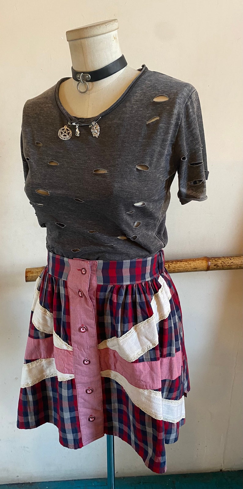 Punk Distressed All Ripped Up Grey Safety Pinned Charmed Wolf, Cat And Pentagram T-Shirt image 6