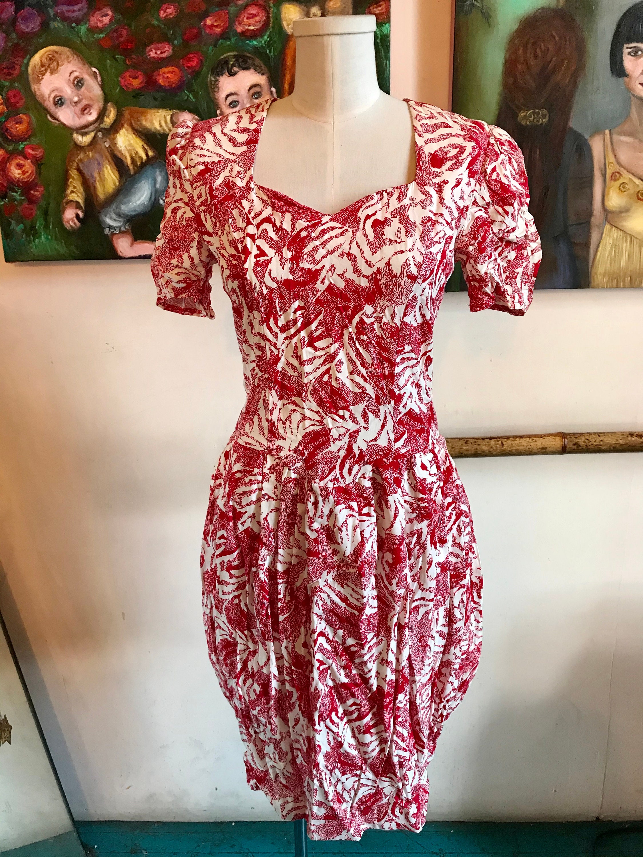 Vintage 80s Red and White Bubble Dress 