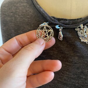 Punk Distressed All Ripped Up Grey Safety Pinned Charmed Wolf, Cat And Pentagram T-Shirt image 9