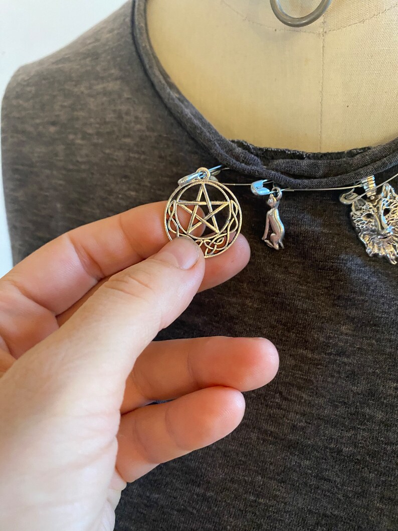 Punk Distressed All Ripped Up Grey Safety Pinned Charmed Wolf, Cat And Pentagram T-Shirt image 9