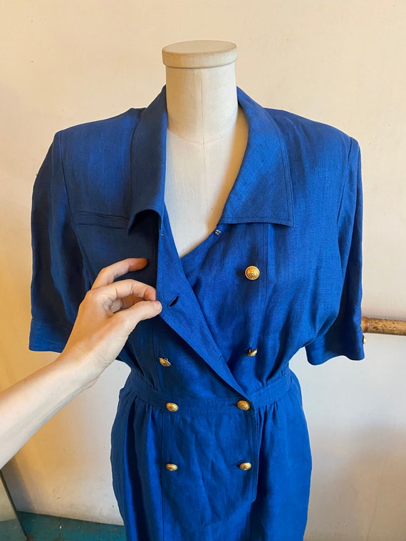 Vintage  80s Linen Blue Double Breasted Career Sh… - image 2