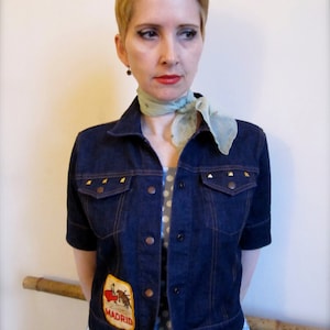 Rockabilly Vintage Bullfight Matador Gold Studded Purple Over Dyed Short Sleeved Jean Jacket