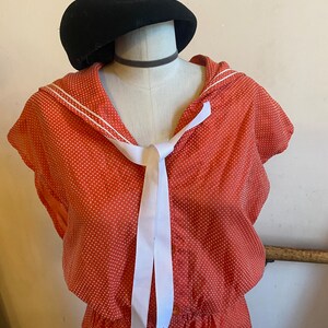 Vintage 1980s Sailor Collar Nautical Bow Tie Swiss Dots Retro New Wave Mod Orange Dress image 5