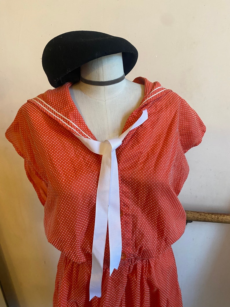 Vintage 1980s Sailor Collar Nautical Bow Tie Swiss Dots Retro New Wave Mod Orange Dress image 5